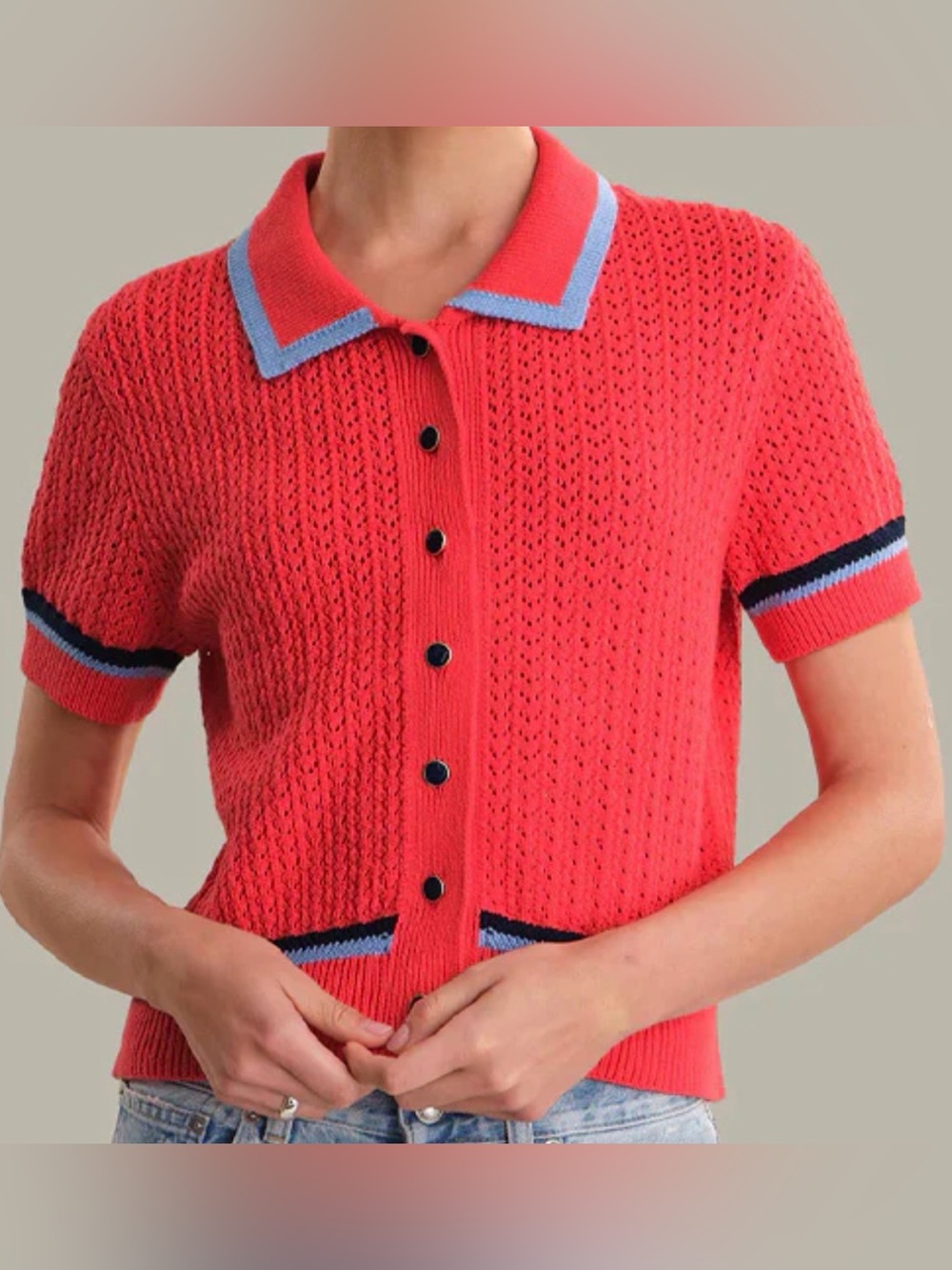 525 America Red Knit Button-Down Polo with Blue Trim